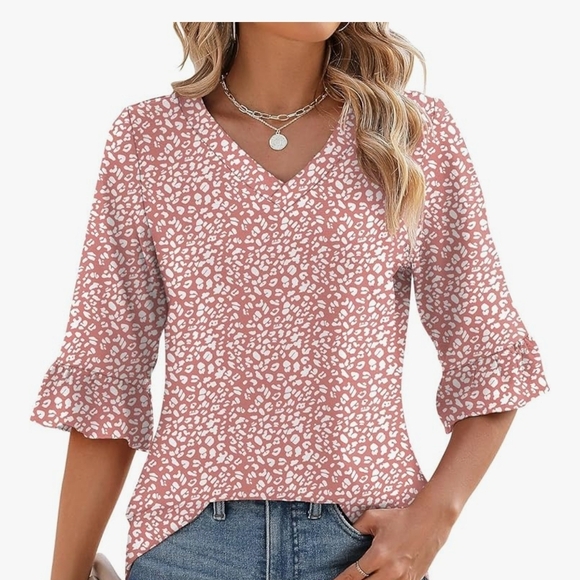 Lomon Tops - Elegant Pink Patterned V-Neck Blouse